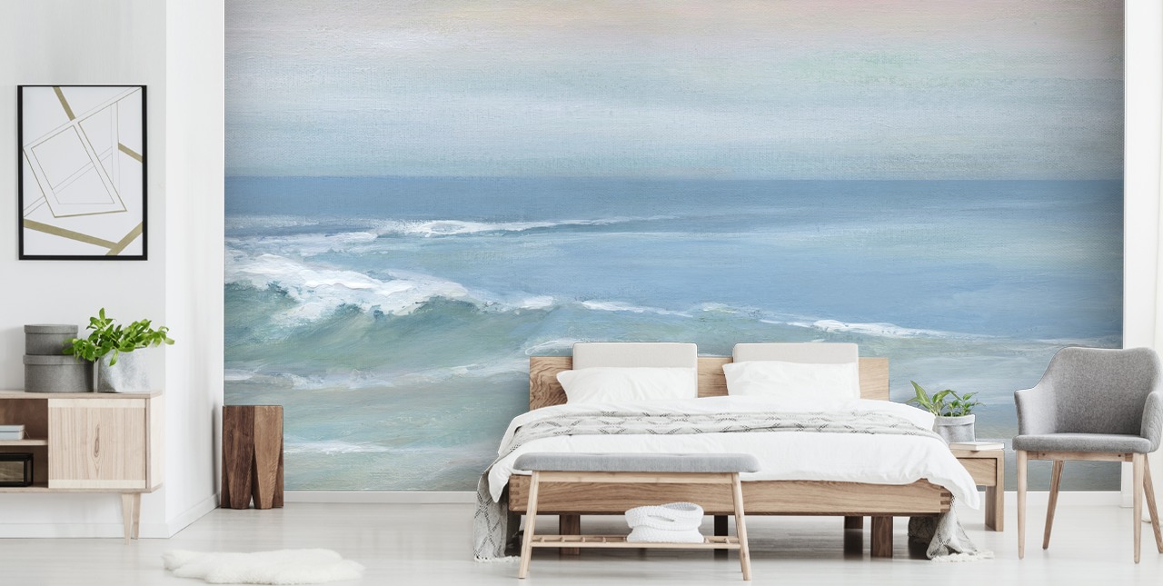 lyseblått havutsikt tapetmaleri kalt Mellow Ocean View av Carol Robinson for hjemmekontorer og soverom