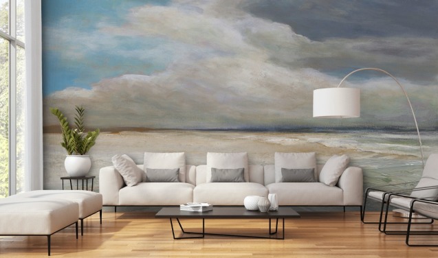 geschilderde oceaanbehangmuurschildering genaamd Ocean Storm Rolling In van Carol Robinson voor woon- en slaapkamers