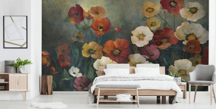 mörk vallmo tapetväggmålning kallad Poppy Perfection av Carol Robinson för vardagsrum och sovrum
