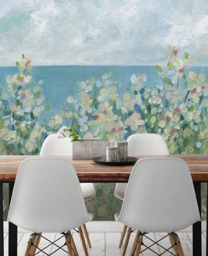papier peint mural de jardin bleu, vert et blanc appelé Seaside Garden par Carol Robinson pour les chambres et les salons papier peint mural de jardin bleu, vert et blanc appelé Seaside Garden par Carol Robinson pour les chambres et les salons