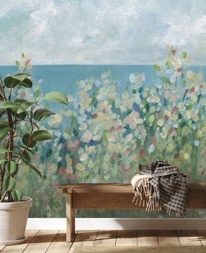 sininen, vihreä ja valkoinen puutarhatapetti seinämaalaus nimeltä Seaside Garden, kirjoittanut Carol Robinson makuuhuoneisiin ja olohuoneisiin sininen, vihreä ja valkoinen puutarhatapetti seinämaalaus nimeltä Seaside Garden, kirjoittanut Carol Robinson makuuhuoneisiin ja olohuoneisiin