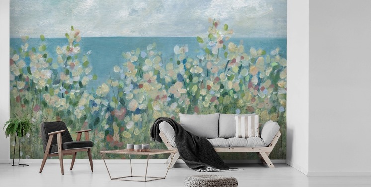 blå, grøn og hvid have tapet vægmaleri kaldet Seaside Garden af Carol Robinson til soveværelser og stuer