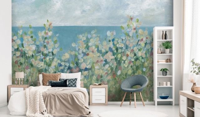 blue, green and white garden wallpaper mural called Seaside Garden by Carol Robinson for bedrooms and living rooms