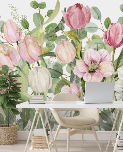 pink and green floral wallpaper mural called Spring Fling by Carol Robinson for bedrooms and lounges pink and green floral wallpaper mural called Spring Fling by Carol Robinson for bedrooms and lounges