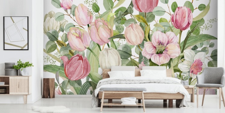 pink and green floral wallpaper mural called Spring Fling by Carol Robinson for bedrooms and lounges