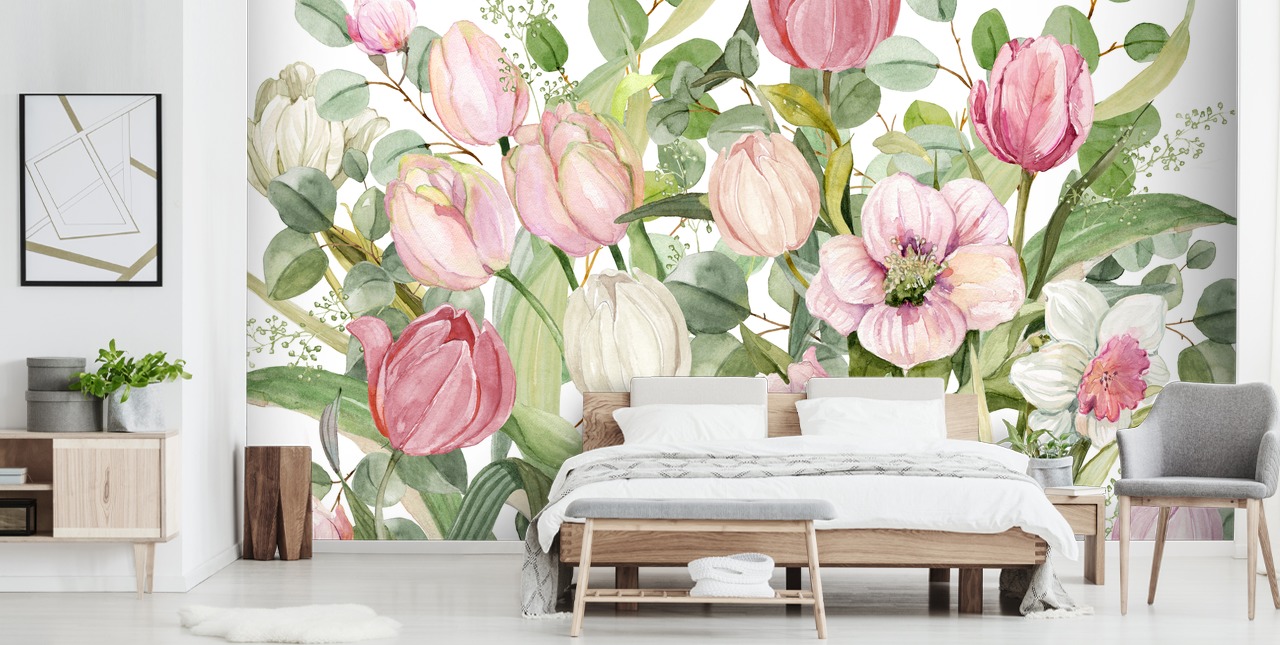 rosa og grønt blomstertapet veggmaleri kalt Spring Fling av Carol Robinson for soverom og salonger