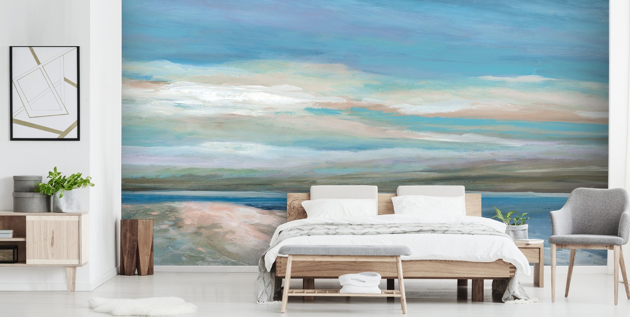 blå hav tapetväggmålning kallad Vivid Ocean Colours av Carol Robinson för sovrum och vardagsrum