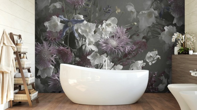 bold floral wallpaper mural called Anemonies by Marina Stupakova for living rooms and bedrooms