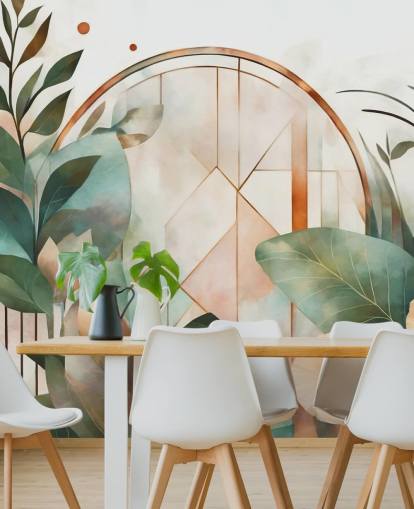 peach and green art deco floral wallpaper mural called Art Deco Floral Geometry by Marina Stupakova peach and green art deco floral wallpaper mural called Art Deco Floral Geometry by Marina Stupakova