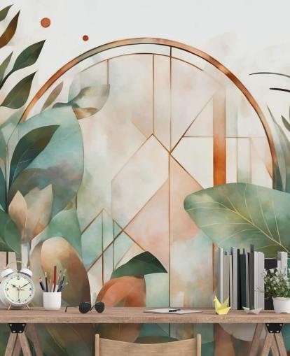 mural de papel de parede floral art déco verde e pêssego chamado Art Deco Floral Geometry de Marina Stupakova mural de papel de parede floral art déco verde e pêssego chamado Art Deco Floral Geometry de Marina Stupakova