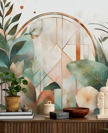 peach and green art deco floral wallpaper mural called Art Deco Floral Geometry by Marina Stupakova peach and green art deco floral wallpaper mural called Art Deco Floral Geometry by Marina Stupakova