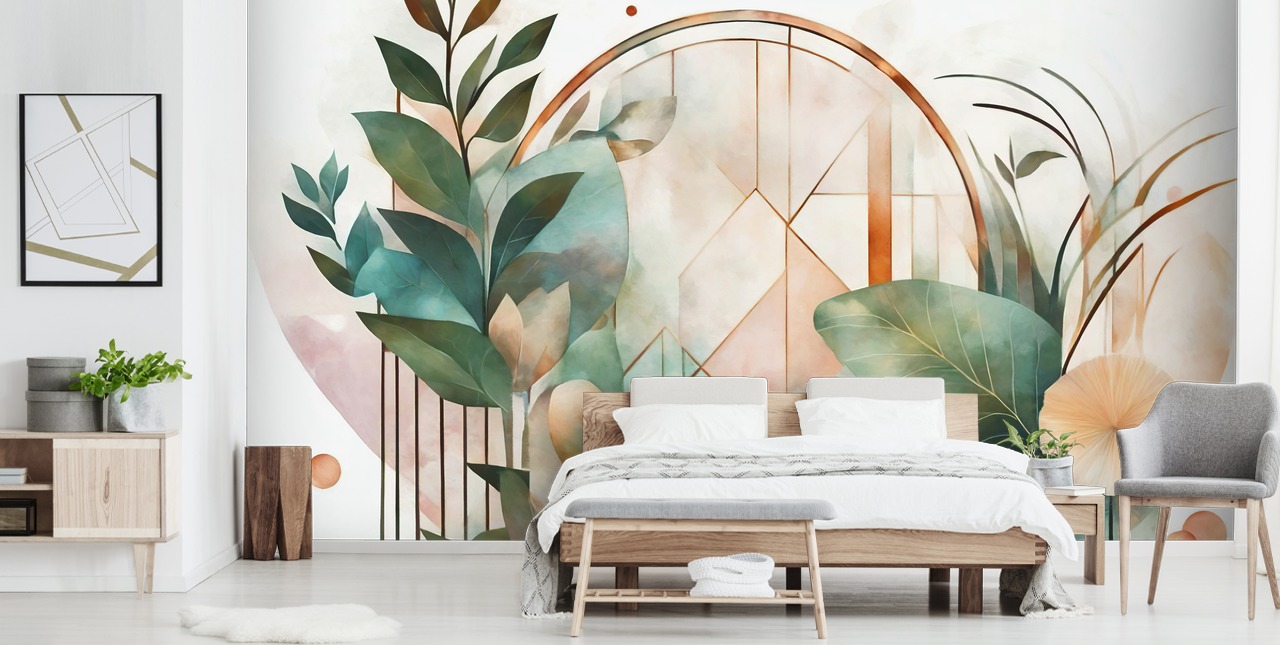 mural de papel pintado floral art deco de melocotón y verde llamado Art Deco Floral Geometry de Marina Stupakova mural de papel pintado floral art deco de melocotón y verde llamado Art Deco Floral Geometry de Marina Stupakova