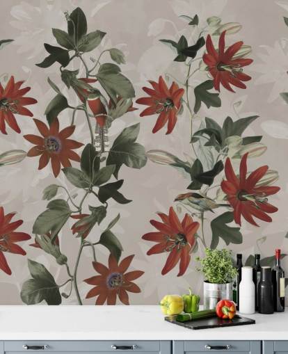 red and green floral wallpaper mural called Clematis II by Marina Stupakova for bedrooms and lounges red and green floral wallpaper mural called Clematis II by Marina Stupakova for bedrooms and lounges
