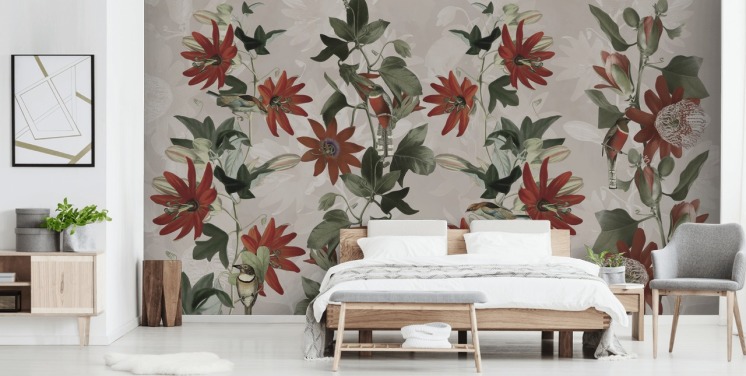 red and green floral wallpaper mural called Clematis II by Marina Stupakova for bedrooms and lounges