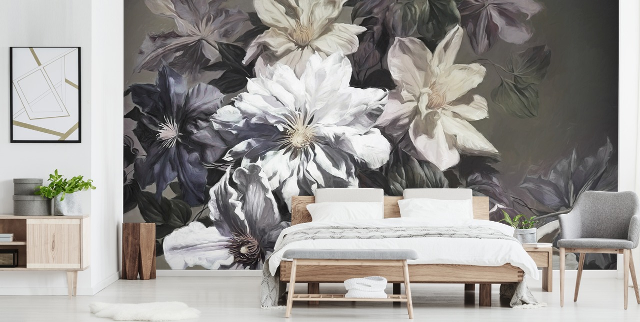 floral wallpaper mural called Clematis by Marina Stupakova for bedrooms and living rooms
