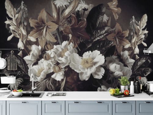 bold floral wallpaper mural called Iris and Gerbers by Marina Stupakova for bedrooms and living rooms