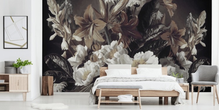 papier peint mural floral audacieux appelé Iris et Gerbers de Marina Stupakova pour les chambres et les salons