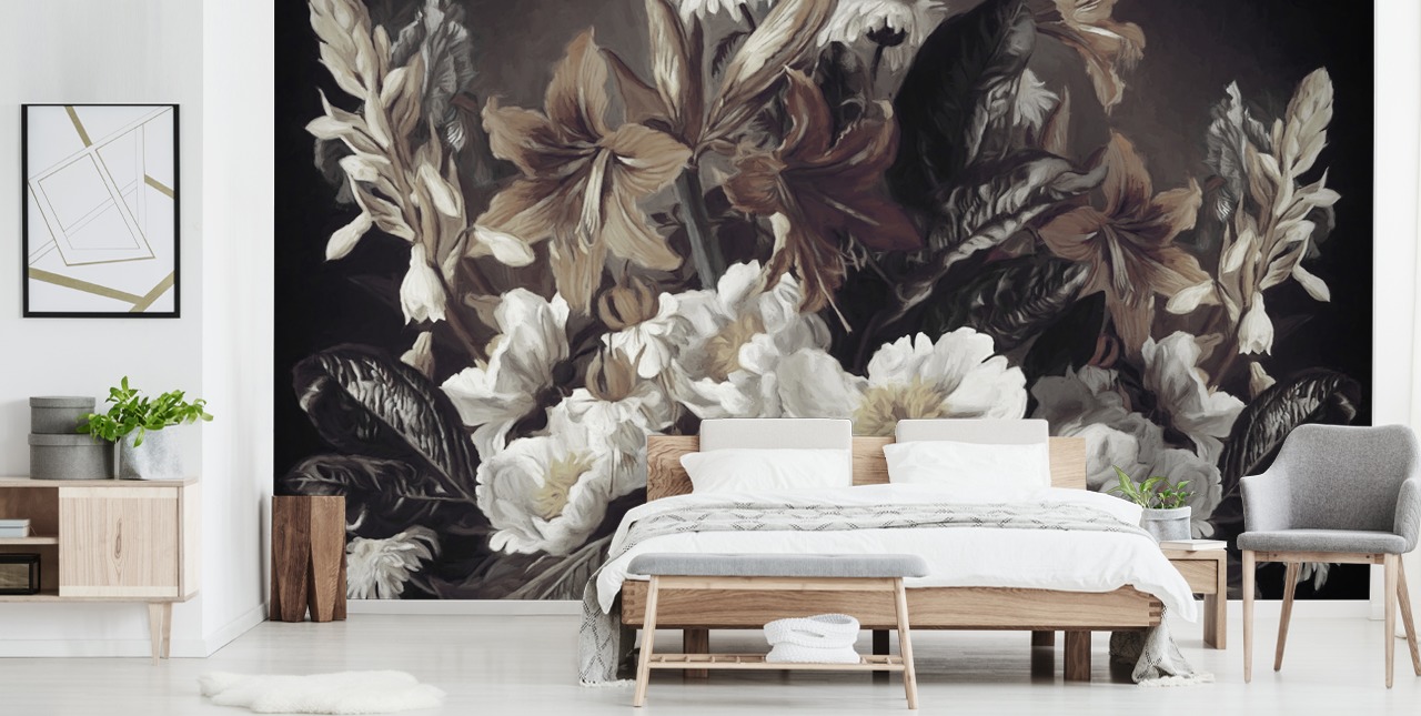 bold floral wallpaper mural called Iris and Gerbers by Marina Stupakova for bedrooms and living rooms