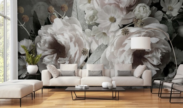 bloemenbehang met de naam Peonies van Marina Stupakova voor slaapkamers en woonkamers