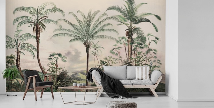 Dschungel-Tapete namens Romantic Tropics von Marina Stupakova für Wohn- und Schlafzimmer