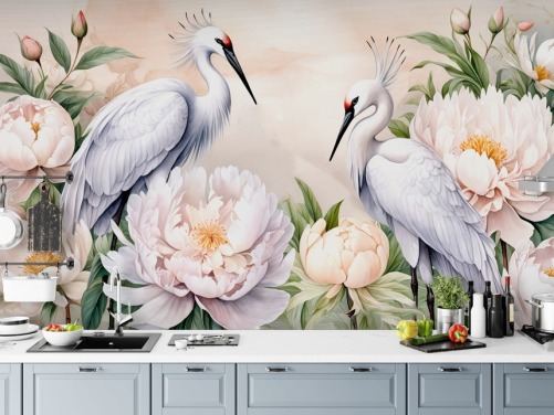 stork wallpaper mural called Storks Romance by Marina Stupakova for bedrooms and living rooms