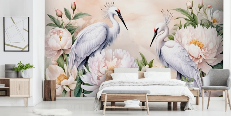stork wallpaper mural called Storks Romance by Marina Stupakova for bedrooms and living rooms
