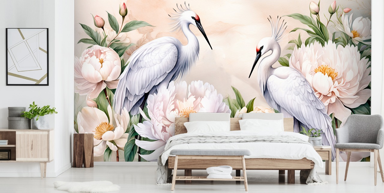 Storchentapete namens Storks Romance von Marina Stupakova für Schlafzimmer und Wohnzimmer