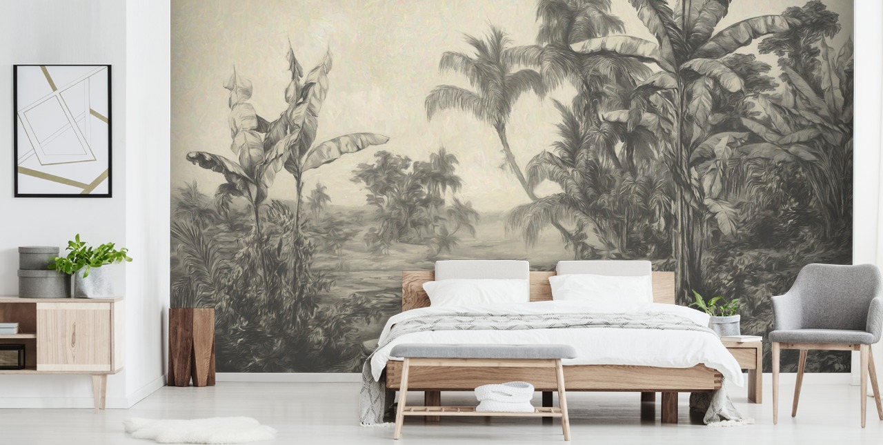 fresque murale de la jungle appelée Tropic Life de Marina Stupakova pour les salons, les salles à manger et les chambres
