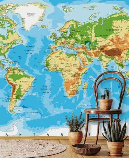 Physical Map of the World Wallpaper Mural Physical Map of the World Wallpaper Mural