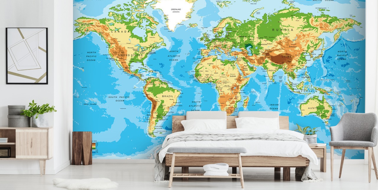 Physical Map of the World Wallpaper Mural Physical Map of the World Wallpaper Mural