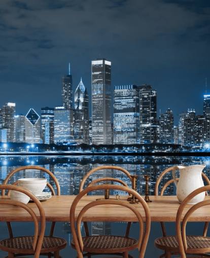 blauwe Chicago behangmuurschildering genaamd Chicago Downtown at Night voor woonkamers, slaapkamers en bedrijven blauwe Chicago behangmuurschildering genaamd Chicago Downtown at Night voor woonkamers, slaapkamers en bedrijven