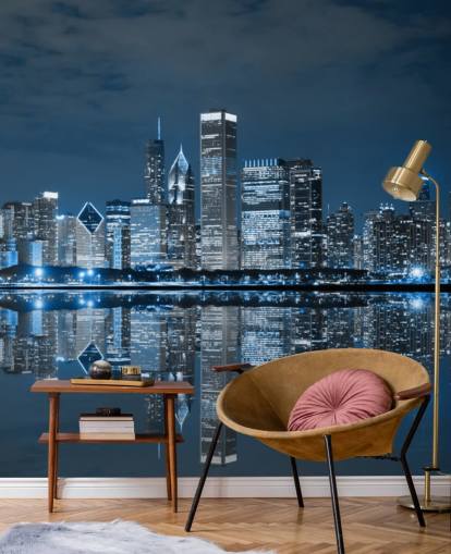 blue chicago wallpaper mural called Chicago Downtown at Night for living rooms, bedrooms and businesses blue chicago wallpaper mural called Chicago Downtown at Night for living rooms, bedrooms and businesses