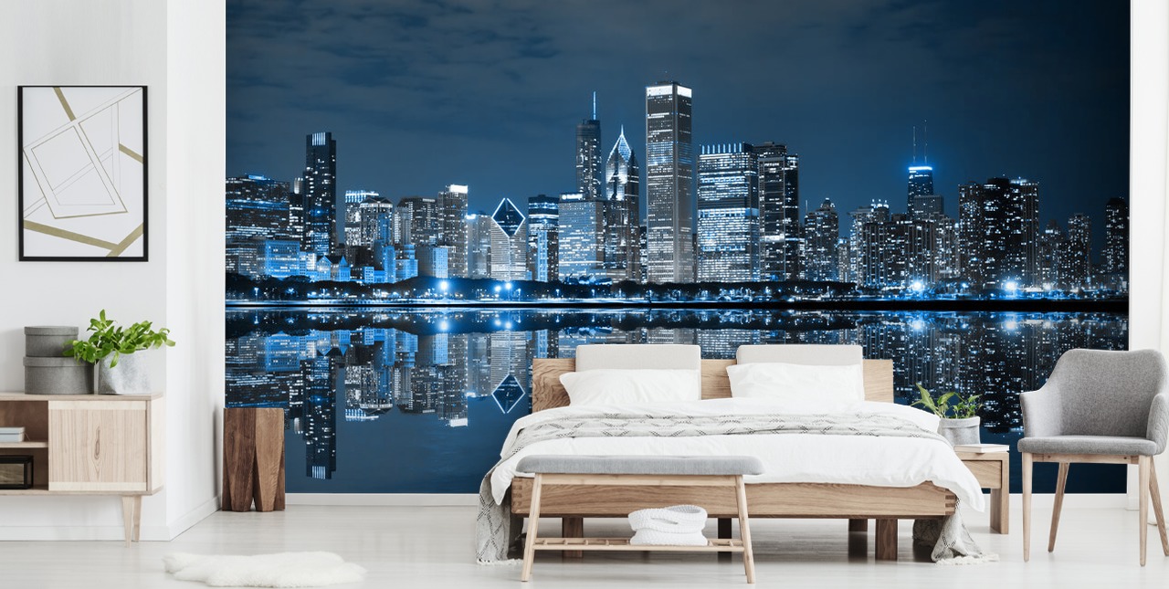 Blaues Chicago-Tapetentapete namens Chicago Downtown at Night für Wohnzimmer, Schlafzimmer und Geschäfte Blaues Chicago-Tapetentapete namens Chicago Downtown at Night für Wohnzimmer, Schlafzimmer und Geschäfte