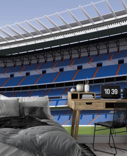 blauwe en groene aanpasbare Real Madrid muurschildering genaamd Santiago Bernabéu Football Stadium door Matthew J I Wood blauwe en groene aanpasbare Real Madrid muurschildering genaamd Santiago Bernabéu Football Stadium door Matthew J I Wood