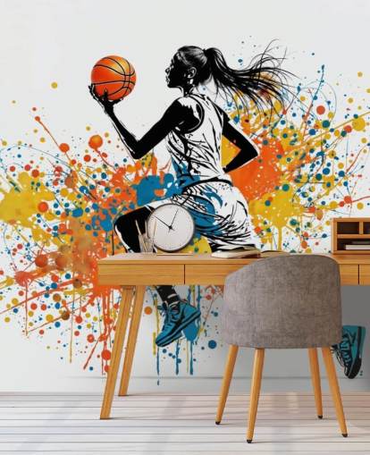 mural de papel de parede de basquete personalizável chamado Abstract Grunge Basketball para quartos e escolas mural de papel de parede de basquete personalizável chamado Abstract Grunge Basketball para quartos e escolas