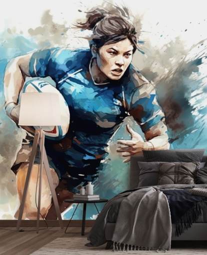 mural de papel pintado de rugby personalizable en blanco y azul llamado Rugby Watercolour para escuelas y clubes de rugby mural de papel pintado de rugby personalizable en blanco y azul llamado Rugby Watercolour para escuelas y clubes de rugby
