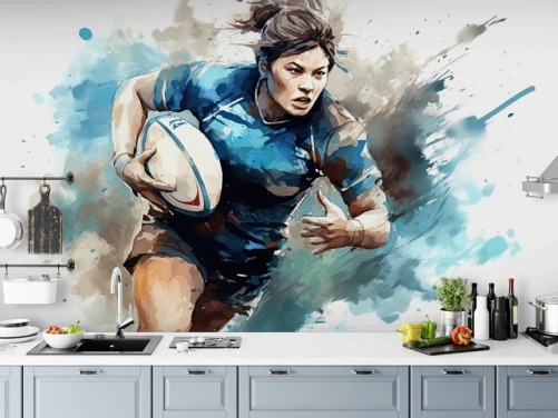 blå og hvid tilpasselig rugby tapet vægmaleri kaldet Rugby Watercolor til skoler og rugbyklubber