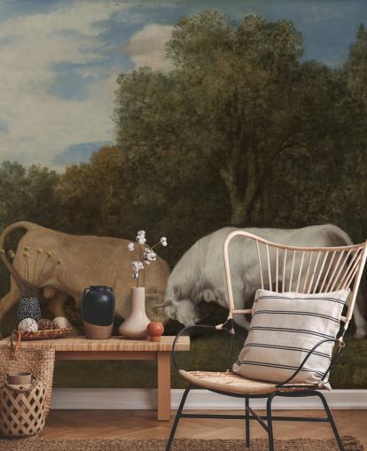 mural de papel pintado de bellas artes llamado Bulls Fighting de George Stubbs para dormitorios y salas de estar mural de papel pintado de bellas artes llamado Bulls Fighting de George Stubbs para dormitorios y salas de estar