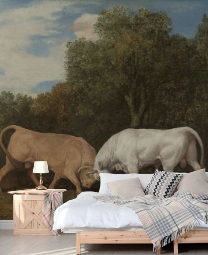 fine art behangmuurschildering genaamd Bulls Fighting van George Stubbs voor slaapkamers en woonkamers fine art behangmuurschildering genaamd Bulls Fighting van George Stubbs voor slaapkamers en woonkamers