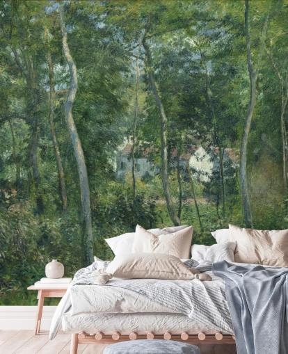 fine art wallpaper mural called Edge of the Woods Near L'Hermitage, Pontoise by Camille Pissarro for bedrooms and living rooms fine art wallpaper mural called Edge of the Woods Near L'Hermitage, Pontoise by Camille Pissarro for bedrooms and living rooms