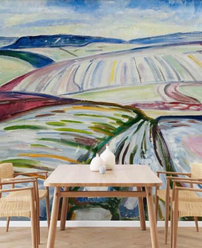 mural de papel pintado de bellas artes llamado Field in Snow de Edvard Munch para salones y cocinas mural de papel pintado de bellas artes llamado Field in Snow de Edvard Munch para salones y cocinas