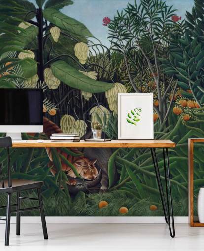 Kunsttapete mit dem Titel Kampf zwischen einem Tiger und einem Büffel von Henri Rousseau Kunsttapete mit dem Titel Kampf zwischen einem Tiger und einem Büffel von Henri Rousseau