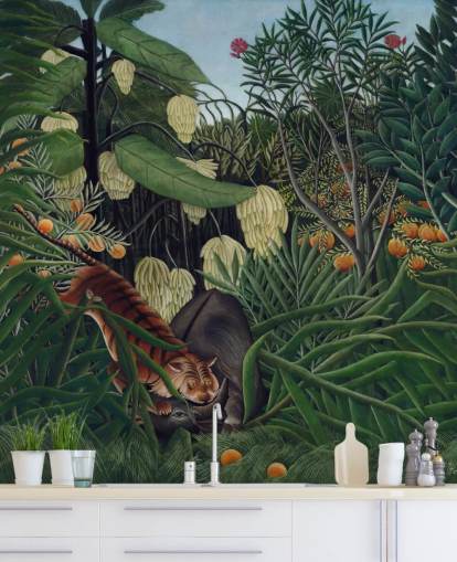 fine art wallpaper mural called Fight between a Tiger and a Buffalo by Henri Rousseau fine art wallpaper mural called Fight between a Tiger and a Buffalo by Henri Rousseau