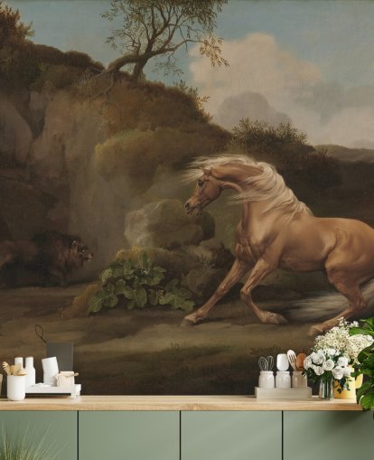 fresque murale d'art intitulée Horse Frightened by a Lion de George Stubbs fresque murale d'art intitulée Horse Frightened by a Lion de George Stubbs