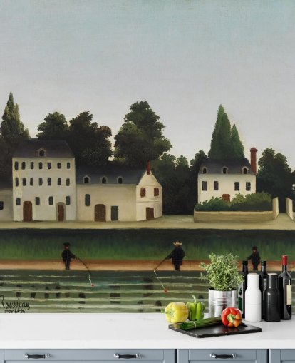 fine art customisable wallpaper mural called Landscape and Four Fisherman by Henri Rousseau fine art customisable wallpaper mural called Landscape and Four Fisherman by Henri Rousseau