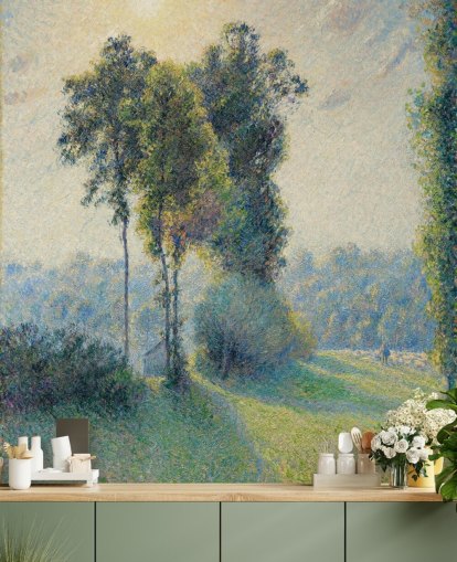 Kunsttapete mit dem Titel Landschaft bei Saint-Charles, in der Nähe von Gisors, Sonnenuntergang von Camille Pissarro Kunsttapete mit dem Titel Landschaft bei Saint-Charles, in der Nähe von Gisors, Sonnenuntergang von Camille Pissarro