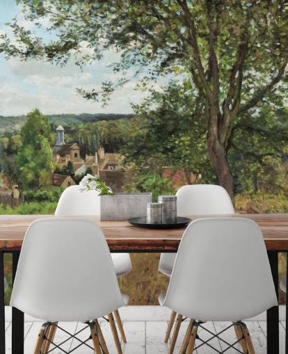 fine art wallpaper mural called Orchards at Louveciennes by Camille Pissarro for bedrooms and living rooms fine art wallpaper mural called Orchards at Louveciennes by Camille Pissarro for bedrooms and living rooms
