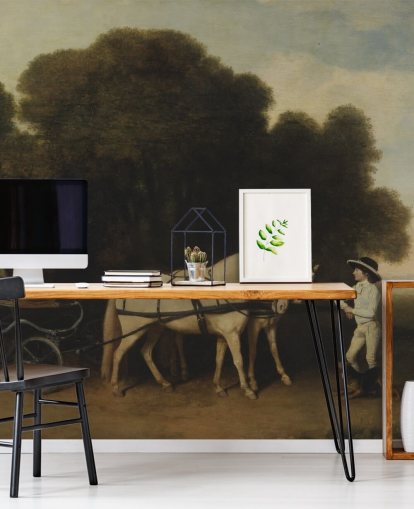 fine art wallpaper mural called Phaeton with a Pair of Cream Ponies and a Stable-Lad by George Stubbs fine art wallpaper mural called Phaeton with a Pair of Cream Ponies and a Stable-Lad by George Stubbs