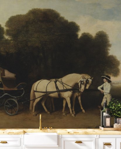 fine art wallpaper mural called Phaeton with a Pair of Cream Ponies and a Stable-Lad by George Stubbs fine art wallpaper mural called Phaeton with a Pair of Cream Ponies and a Stable-Lad by George Stubbs