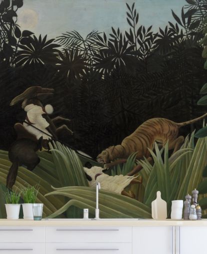 mural de parede de belas artes chamado Scout Attacked by a Tiger, de Henri Rousseau mural de parede de belas artes chamado Scout Attacked by a Tiger, de Henri Rousseau